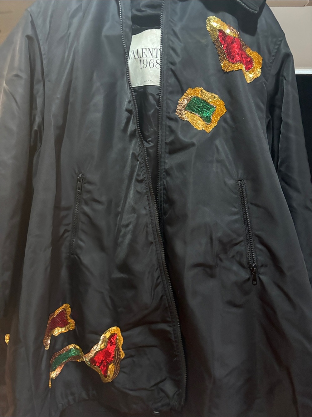 Valentino Black Bomber Jacket with Gold, Red and Green Sequin Patches